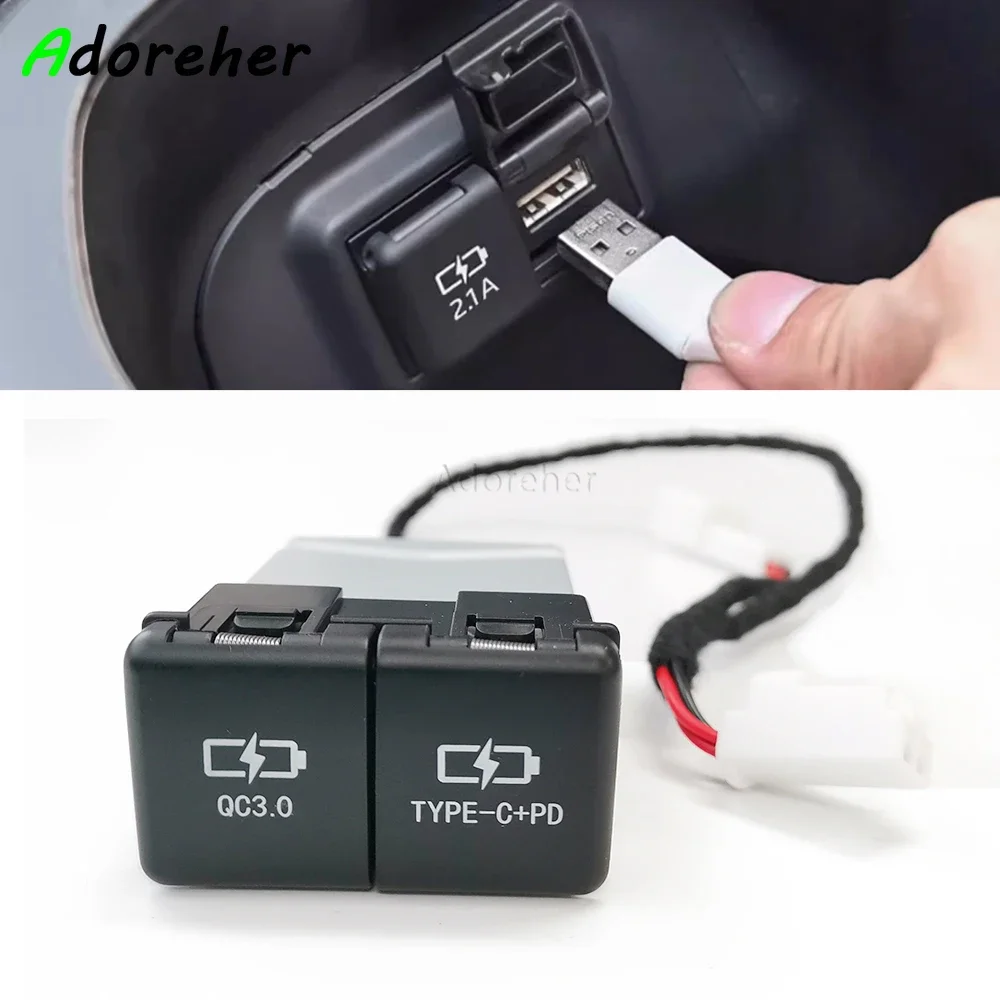 

12V 24V Car Charger Dustproof Socket Dual USB Type-C Charging Outlet Power Adapter For Toyota Camry Avalon Highlander Levin RAV4