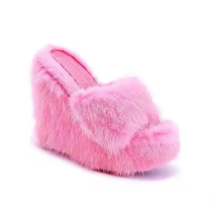 2024 Luxury new women round head wedges with mink fur slippers feminine high-heeled fur drag outdoor all-match shoes slippers