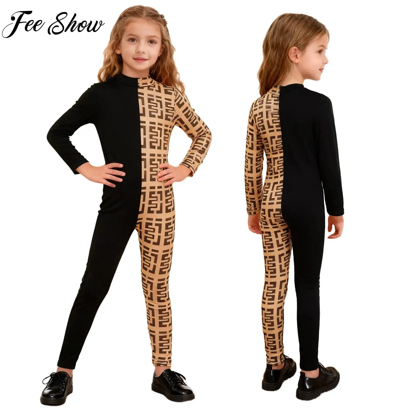 بدلة رقص للتزلج على الجليد للفتيات، بدلة رياضية بأكمام طويلة وسحاب بألوان متباينة، ملابس رياضية #1