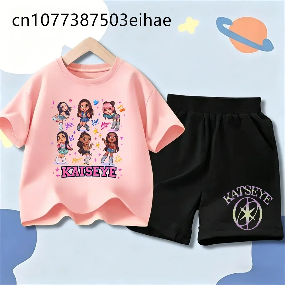 Katseye Girl Group Printed Life Casual T-shirts Summer Short Sleeve Children Fashion Casual Matching Two Piece Shorts Set Daily