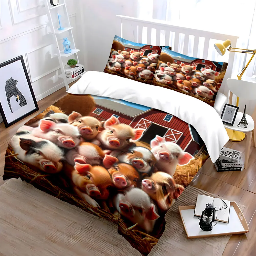 3pcs Adorable piglets cuddling on hay Duvet Cover Set with 3D Printing Design Soft Polyester Bedding Set All-Season Comfort