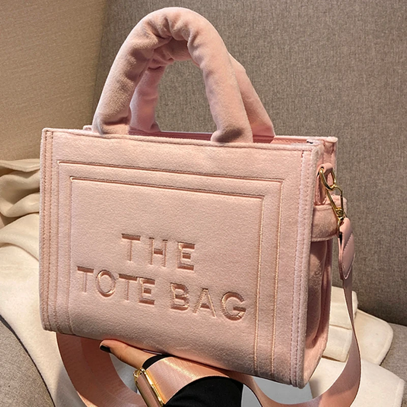 Women\'s Velour Pink Tote Bag Original Letter Print Medium Ladys Leisure Shopper Handbag Female Square Stylish Soft Shoulder Bags