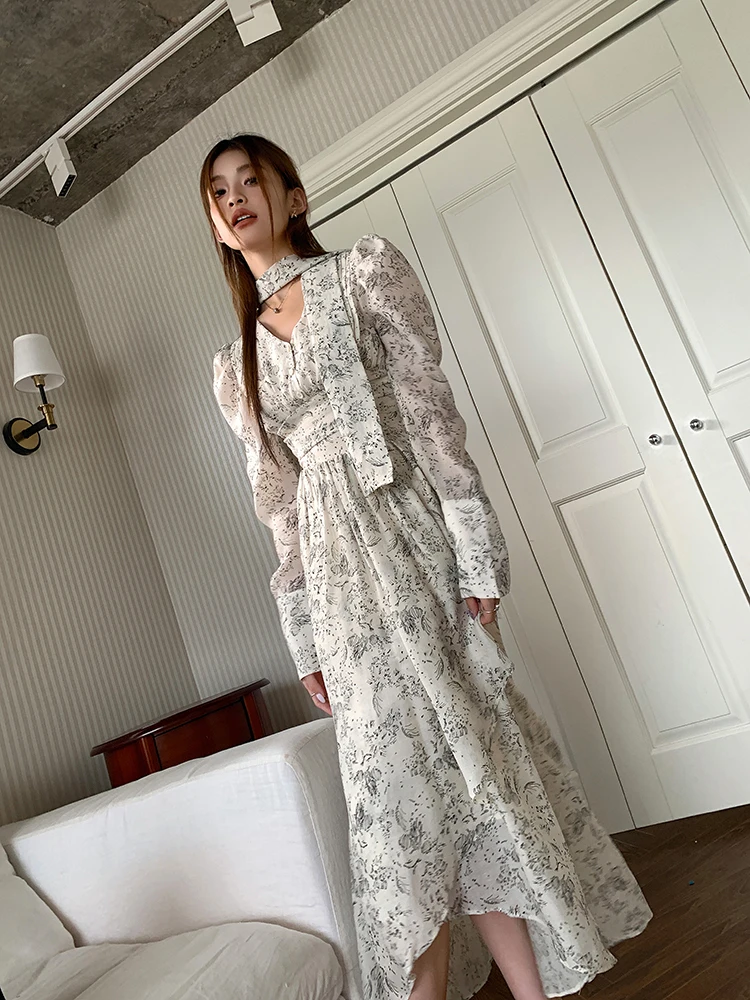 Korea Vintage Print Button V-Neck Long Sleeve Maxi Midi Dresses for Women Elegant Party Holiday Ruffle Prom Bodycon Dress Autumn