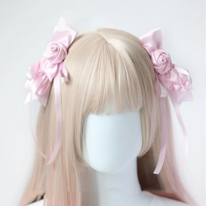 Girl's Harajuku Steampunk Handmade Headwear Rose Ribbon Double Ponytails Women Back Hair Clips Lolita Angel Y2K Gothic Hairpins