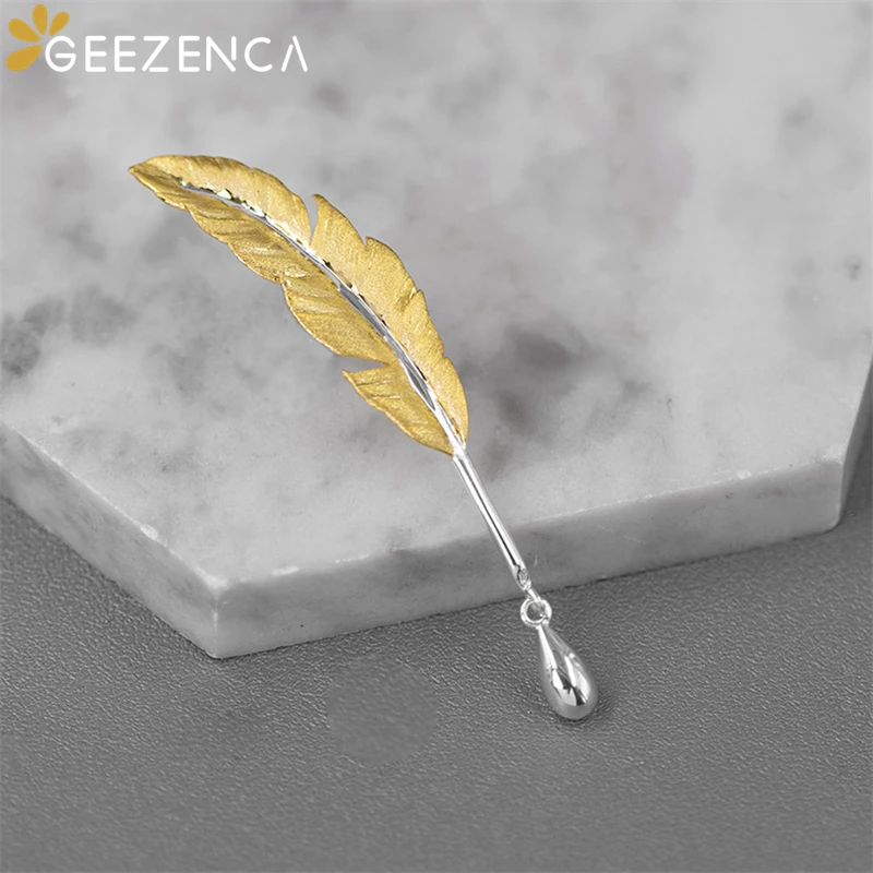 GEEZENCA 925 Sterling Silver Two Tone Quill Pen Ink Brooches For Women Feather Artistic Unique Chic Pins 2024 New Party Gift