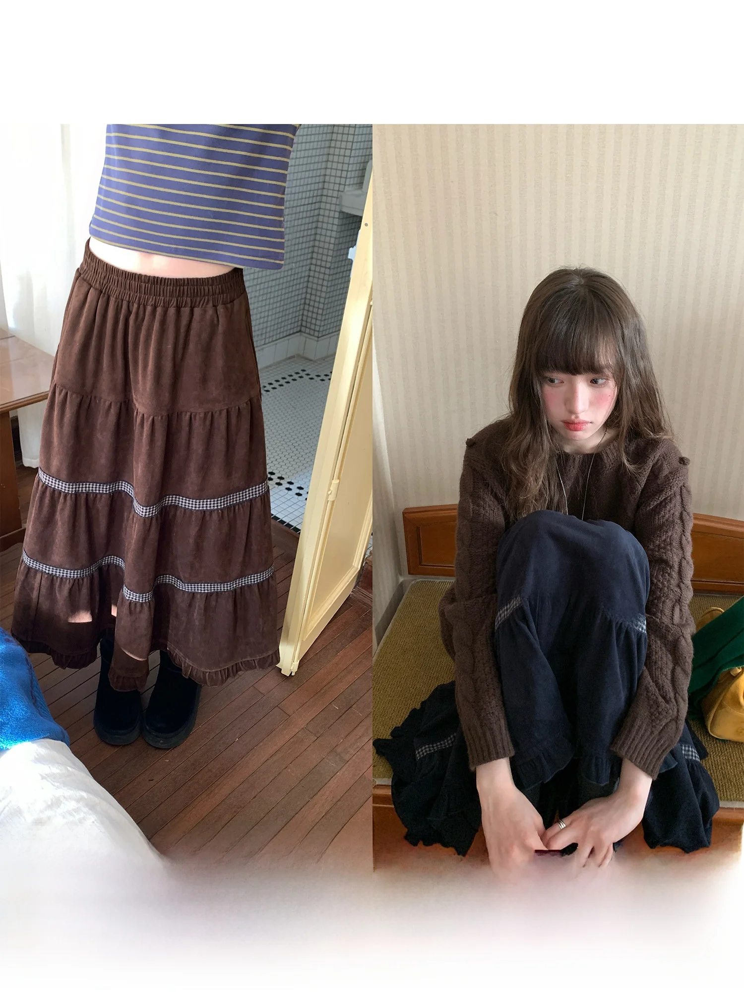 

Длинная женская юбка А-силуэта из замши и бархата с клетчатыми вставками, с высокой талией, зимняя, повседневная, комфортная, мягкая, в пол