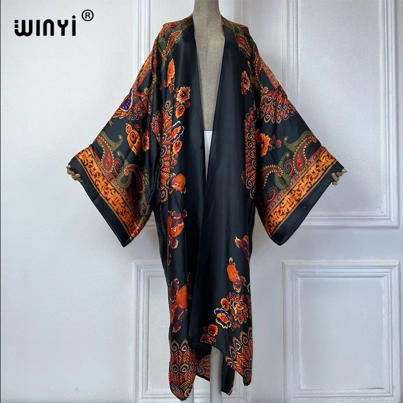 

WINYI Bohemian fashion printed cardigan dress Africa Kaftan beach outfits woman Summer elegant silk feeling Kimono