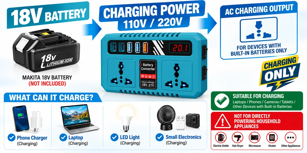 220V 120W Tragbarer Batteriewandler mit USB-Ladeanschluss für Makita 18V Akku und Dewalt 18V Akku, Ladeausgang – Detail 1