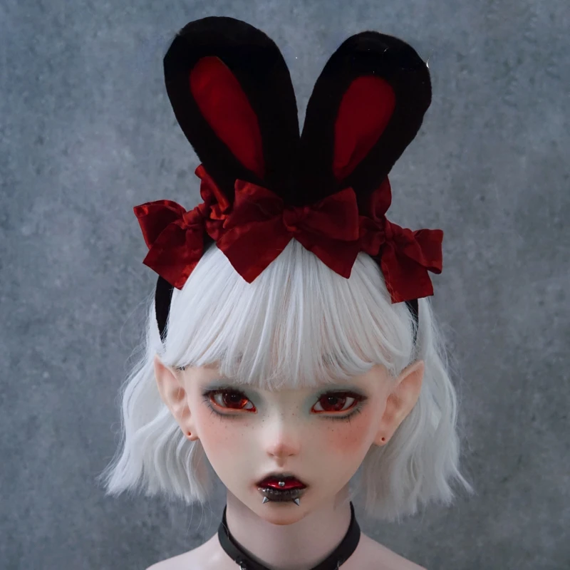 Hair Accessories Resin Plush Fabric Handmade Rabbit Ear Headband With Bowknow Cute Black and Red Decorations Fashion All-Match