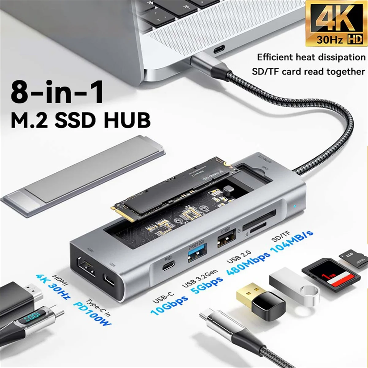 

N27R USB-концентратор «Восемь в 1» с функцией хранения данных дисков M.2 SSD NVMe SATA Type-C — HDMI-совместимая док-станция USB C для ноутбука
