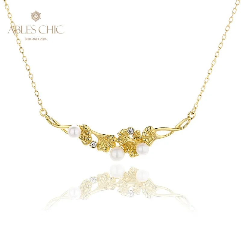 

AC 5A Freshwater Pearls 3.5-4mm Ginkgo Posy Pendant 18K Gold Tone Solid 925 Silver Floral Necklace PN1006