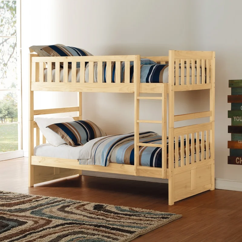 

Twin Over Twin Bunk Bed in Natural Pine Finish with Ladder – Sturdy Wooden Bedroom Furniture for Kids