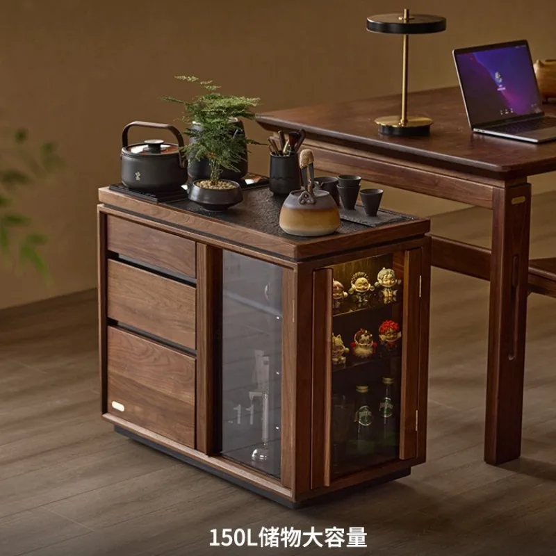 Solid wood mobile tea cabinet new Chinese office black walnut tea side cabinet launching  table side cabinet table