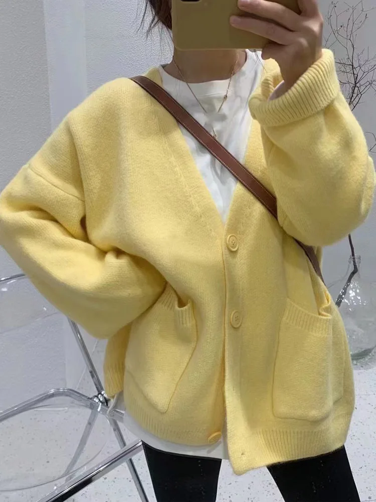 OHRYIYIE 2023 Autumn Winter New Knit Female Oversize Cardigan Women Loose Casual V Neck Knitted Sweater Coat Lady Solid Cardigan