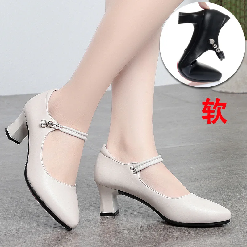 CINESSD Fashion Pumps New High Quality Genuine Leather Vintage Mary Jane Shoes Square Toe High Heels Flat Shoes Lightweight Shoe