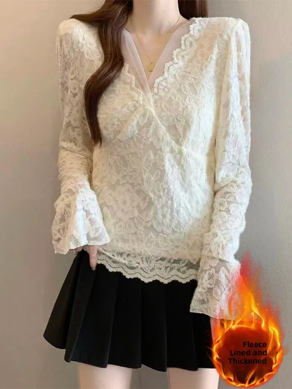 Lace Sleeve V Neck Women's Shirt plus Size Fleece Lined Inner Wear Base Top Korean Style Loose Fit Long Sleeve Autumn New