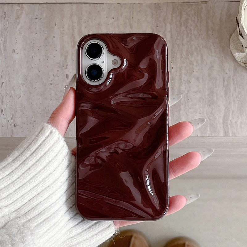 Wine Red 3D Water Ripple Texture Phone Case For iPhone 17 Air 16 15 13 11 12 Pro Max 14 Plus Glossy Silicone Back Cover