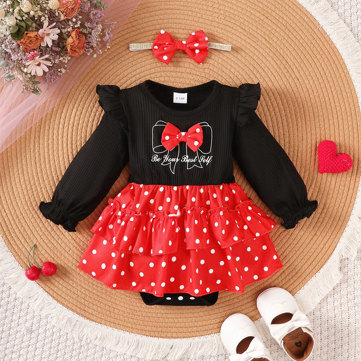 2Pcs Baby Girl Dress Halloween Outfit Set Sweet Cute Ruffle Romper Bow Headband Infant Christmas Clothing Set for 0-18 Months