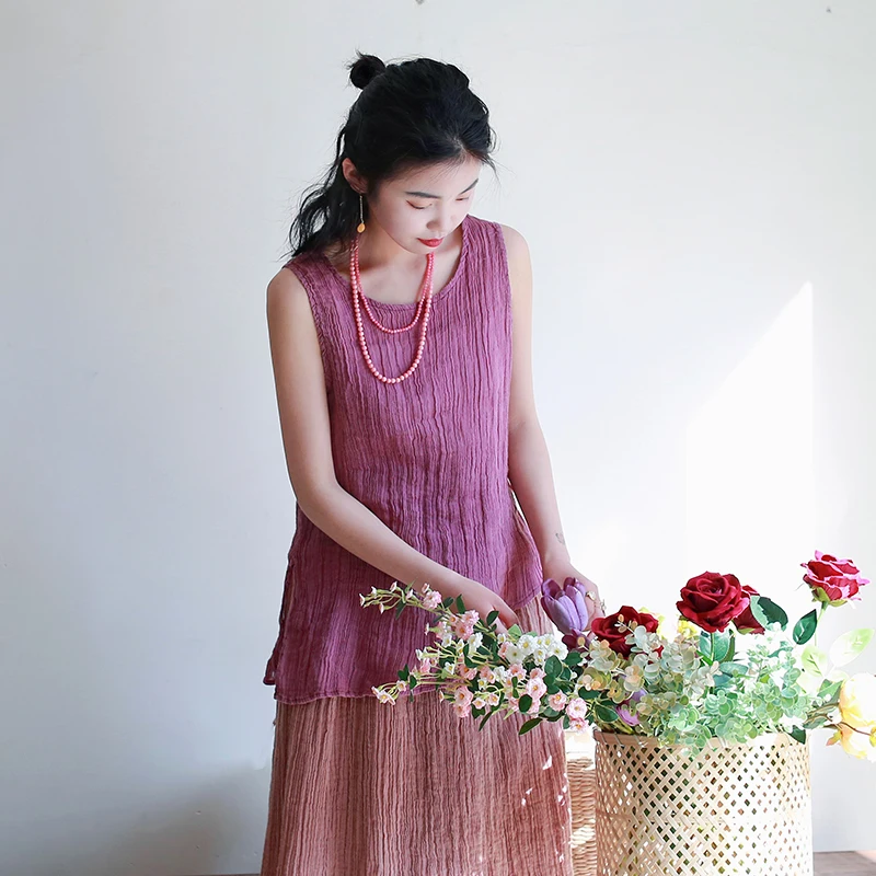 

Женский летний топ Moadai в стиле ретро, новинка, разноцветный, без рукавов, из хлопка и льна, с круглым вырезом, окрашенный в готовом виде, безрукавка-жилетка