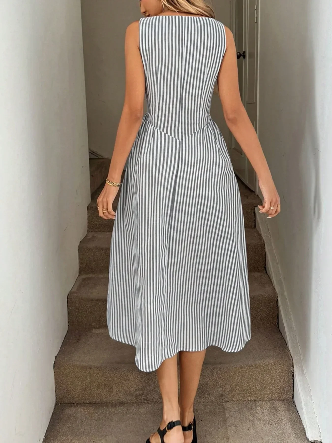 Neues Y2K Sommer-Urlaubskleid aus Leinen für Damen, ärmellos, vertikal gestreift, hohe Taille, A-Linie, Midi, lässiges Swing-Kleid mit Taschen – Detail 19