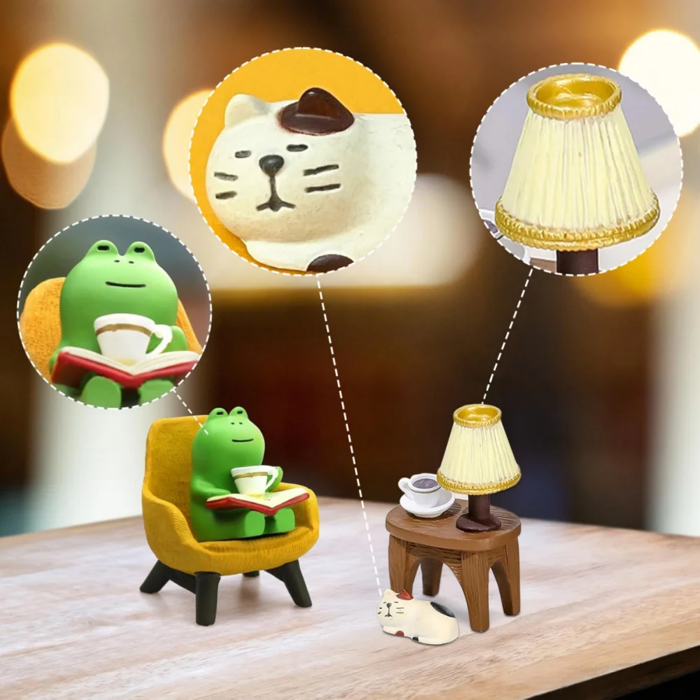 Cartoon Frog Cat Table Ornaments Home Decor (Sleeping Cat + Coffee Frog + Table + Yellow Sofa)