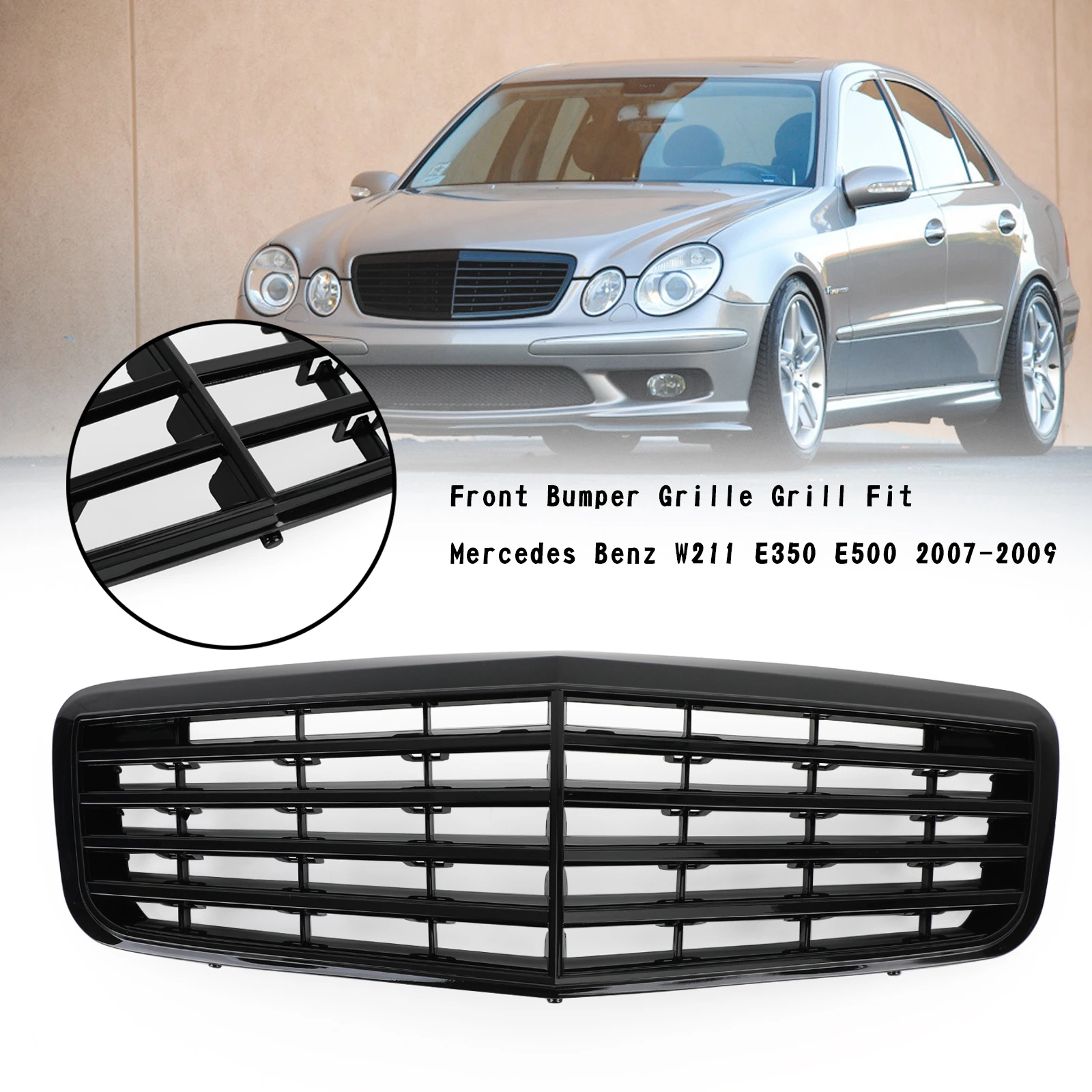 Artudatech Front Bumper Grille Grill Fit For Mercedes Benz W211 E350 500 07-09 Gloss Black