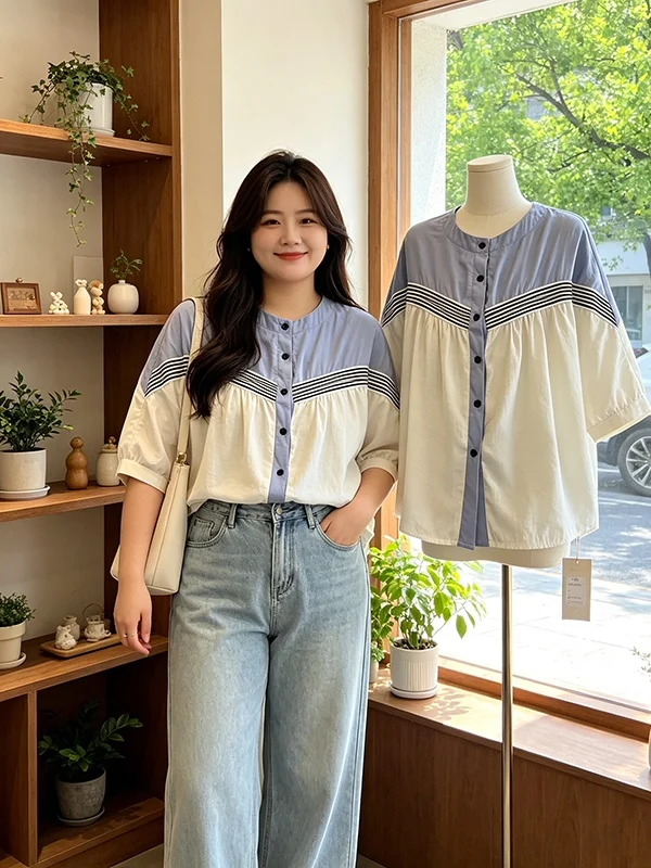 

plus Size Women's Fashion Shirt Summer 2026 Splice Design Conceal Meat Slimming Top Versatile Short Sleeve round Neck Open Ca...