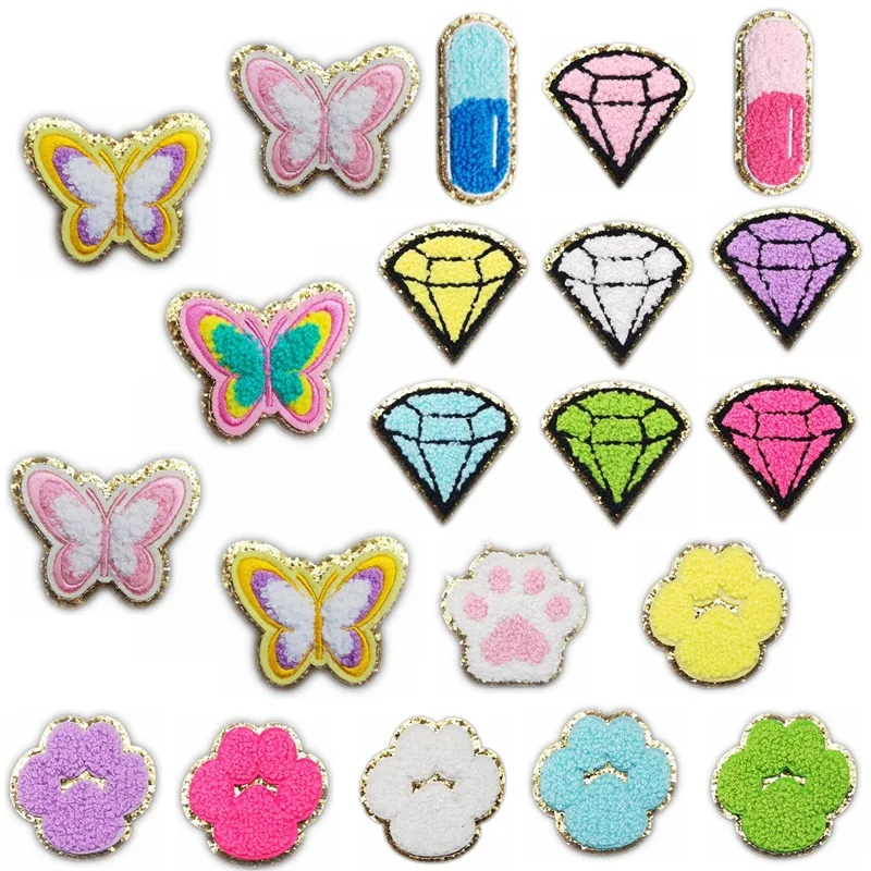 3 pcs Glitter gold rim Chenille Iron on Patches pocketbag Embroidered patch diamond sticker for school bag Applique