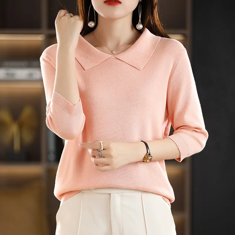 Women's T-shirt Spring/Summer Worsted Doll Collar Knitwear Casual Ladies Tops Loose Blouse Basic Pullover Tees Quarter Sleeve