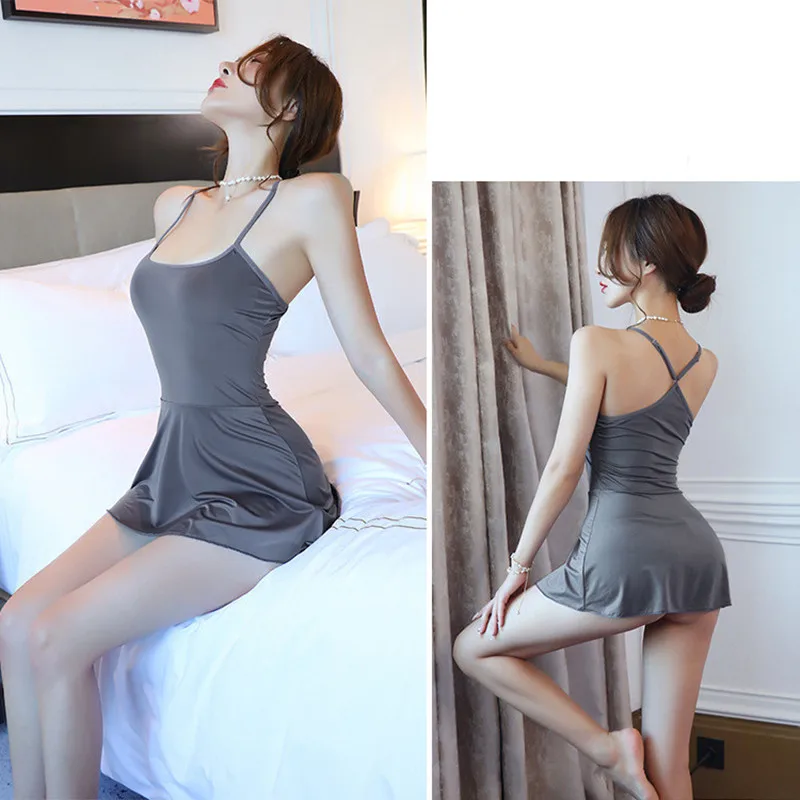 MINI vestido plisado Sexy para Cosplay, vestido ceñido transparente y liso con volantes, camisón de tubo con Tanga