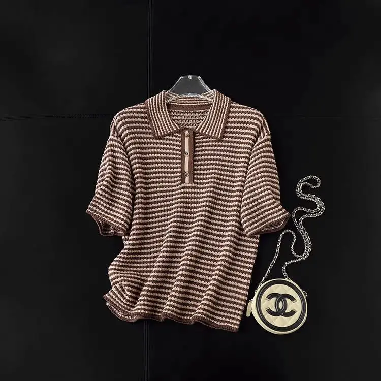 Dave&di Hollow Out Pure Cotton Lapel Half Open Striped Short Sleeved Knitted Shirt Top T-shirt Woman Clothes Female Clothing