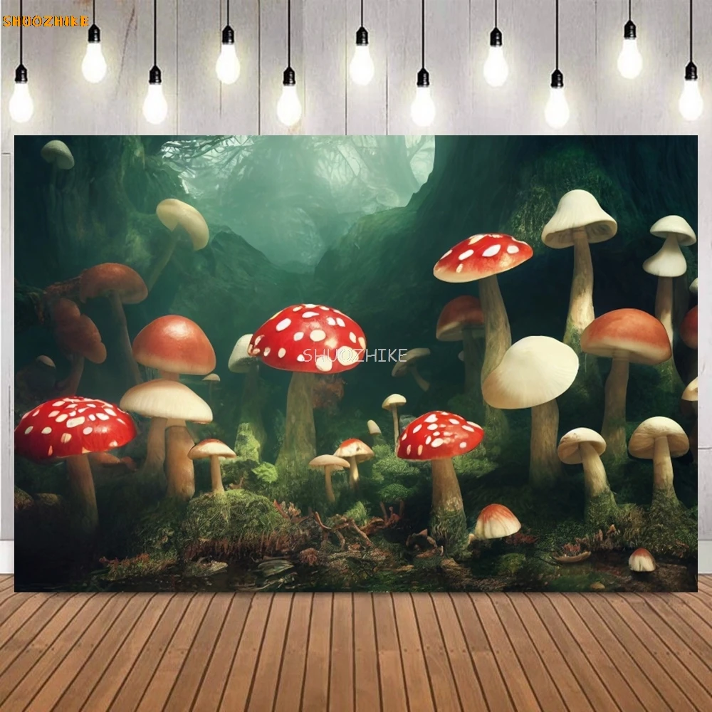 Wonderland Mushroom Baby Shower Backdrops Photography Newborn Birthday Party Decor Photo Photographic Dream Forest Background