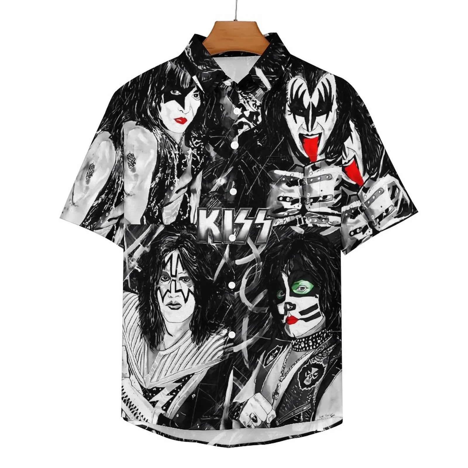 Kiss Band Casual Shirts Rock Band Beach Shirt Hawaiian Trendy Blouses Men Pattern Big Size