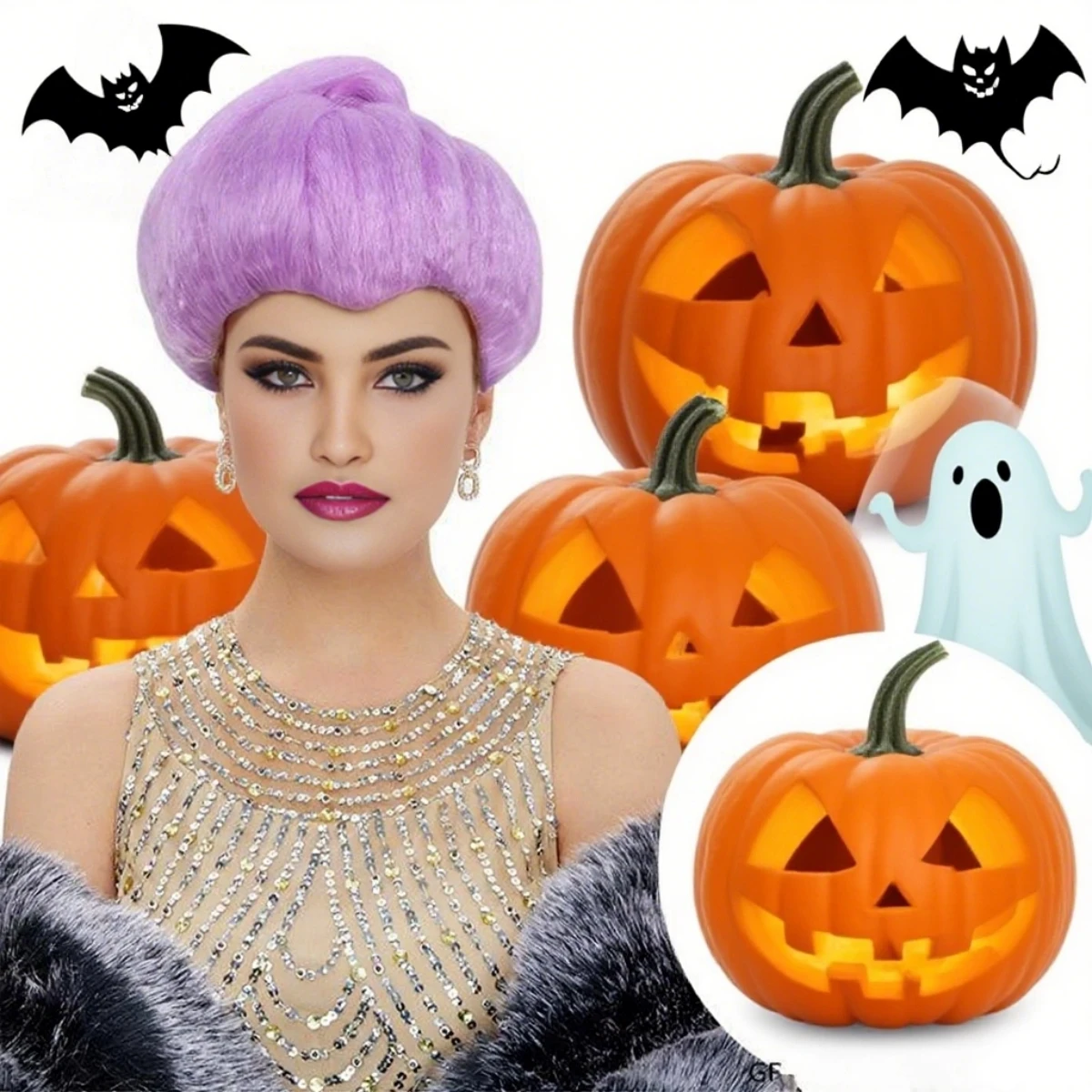 

Светло-фиолетовый пушистый парик с круглым верхом и узлом сзади, гладкая шелковистая глянцевая аккуратная челка, винтажный ретро-модный синтетический парик