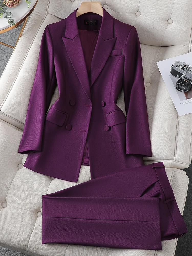 Azul Roxo Preto Mulheres Blazer e Calça Suit Escritório Ladies Business Work Wear 2 Piece Set Feminino Jaqueta de Manga Longa E Calças