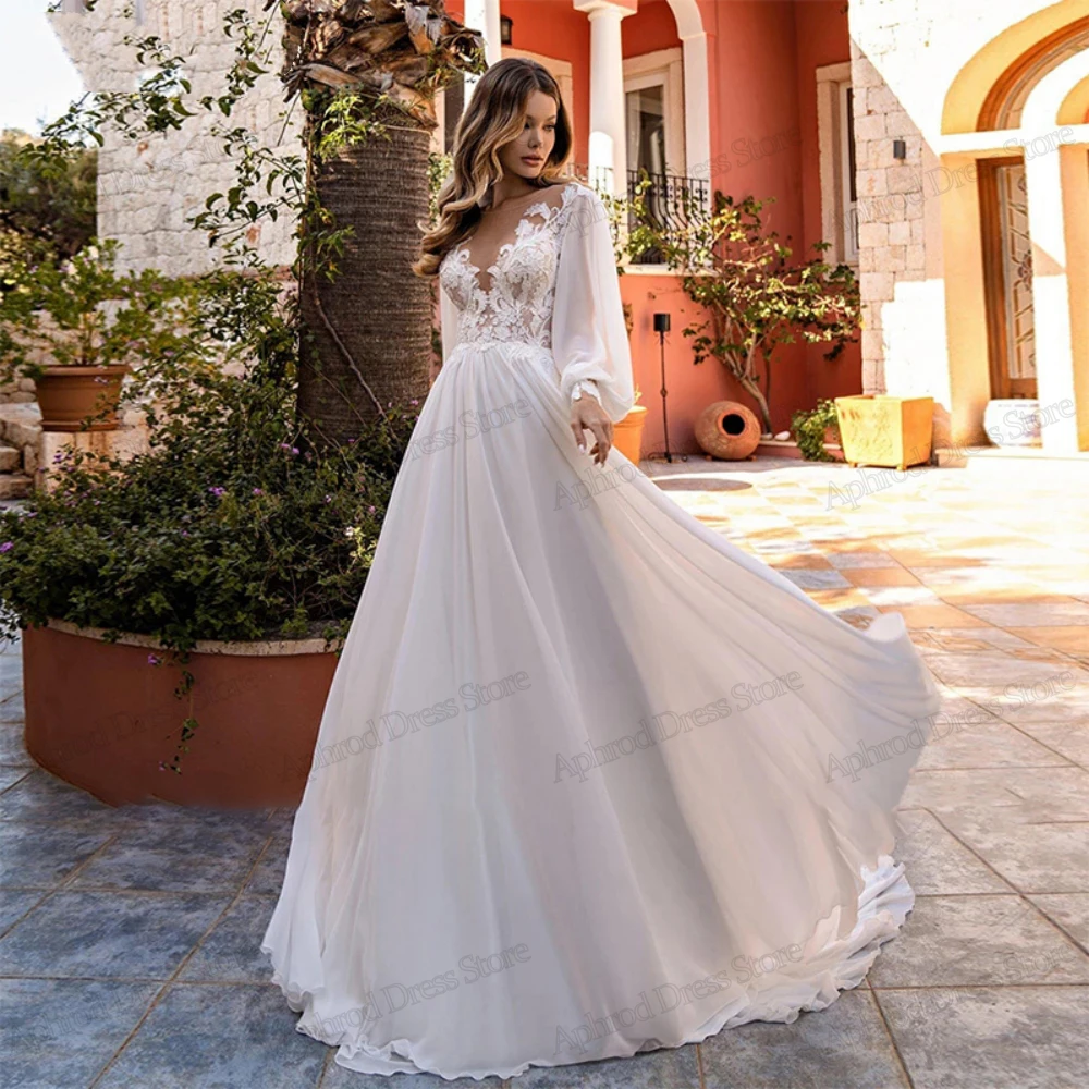 Elegante Brautkleider A-Linie Chiffon Brautkleider Spitze Applikationen lange Puff ärmel Roben Vestidos de Novia angepasst