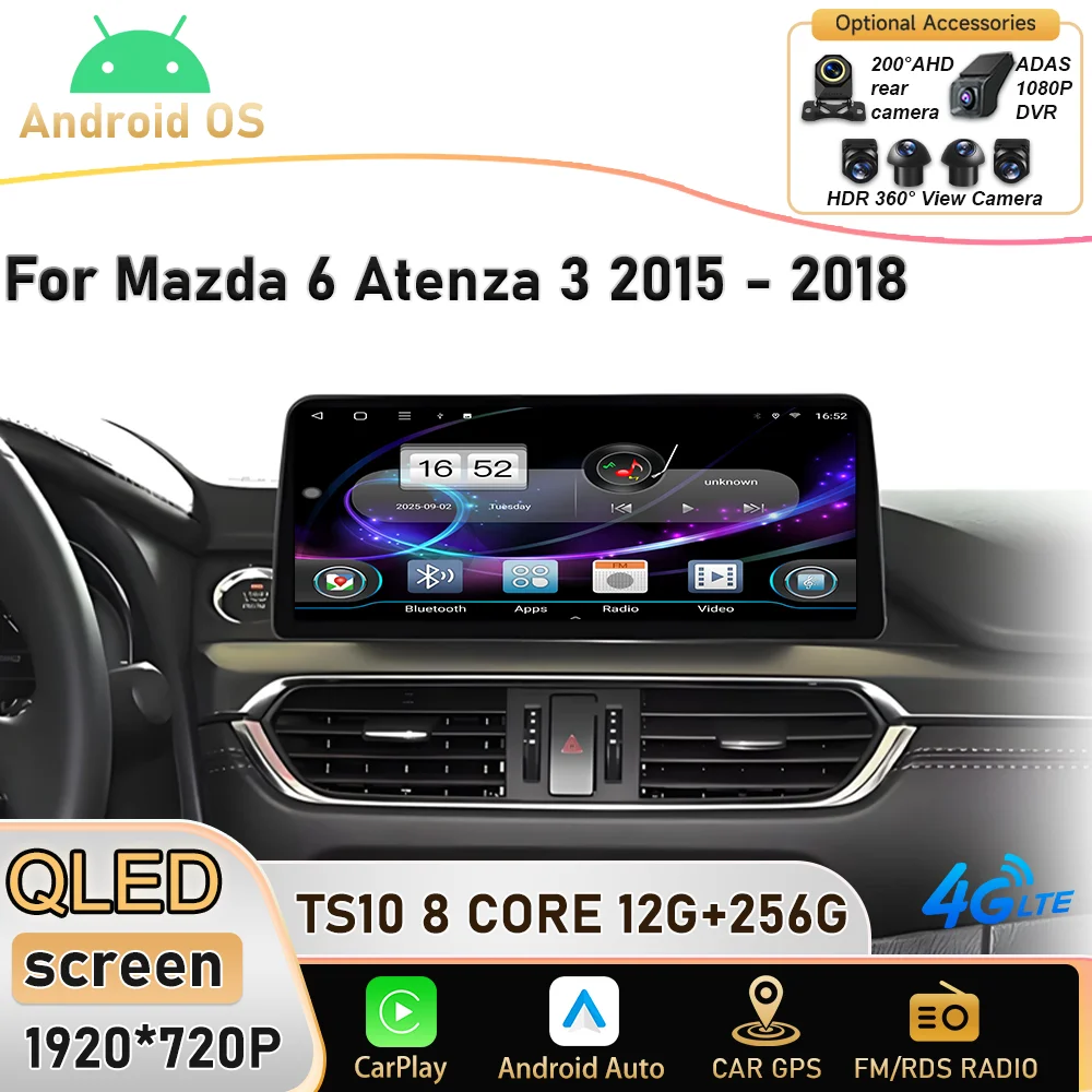 12.3 Inch Android 16 For Mazda 6 Atenza 3 2015 - 2018 Plug and Play GPS Navigation High-performance CPU Multimedia Player WiFi