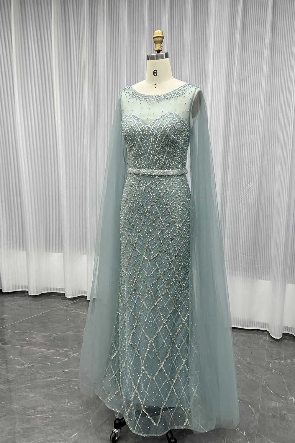 YQLNNE Dubai Sage Green Long Evening Dress With Sleeve Boat Neck Tulle Beaded Formal Gowns Mermaid In Stock