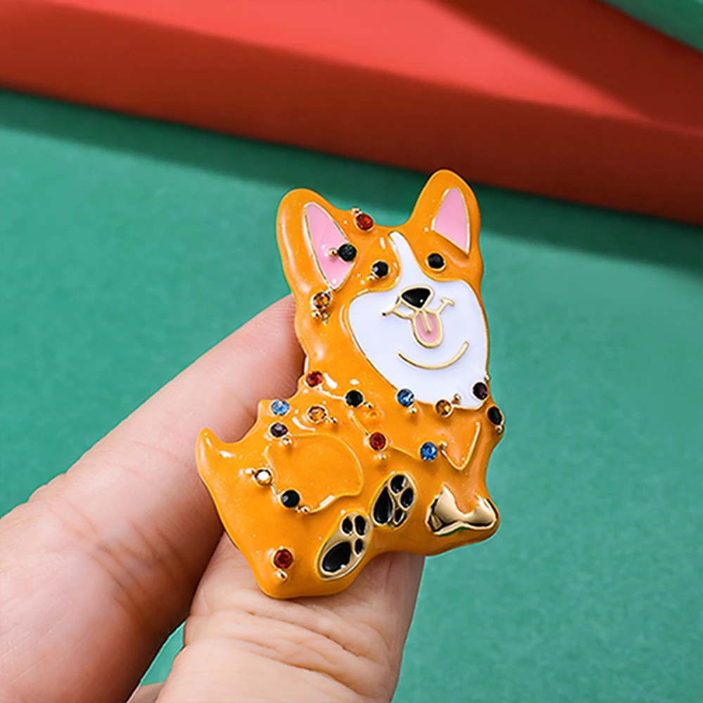 Catuni Christmas Corgi Pet Dog Pin Enamel Brooch Inlaid Crystal Lapel Backpack Badge Accessory Jewelry Gift for Women Pet Lovers