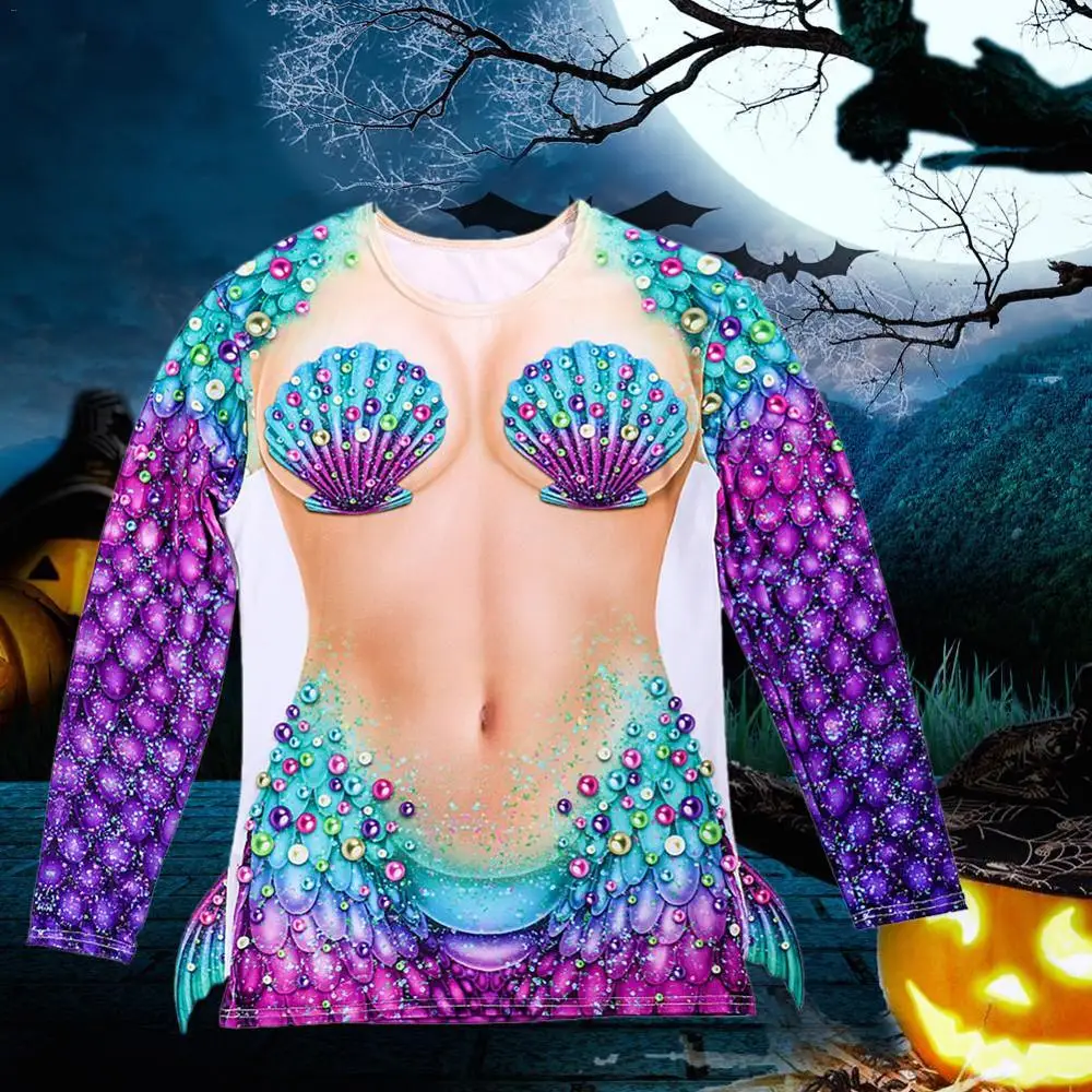 

Платье на Хэллоуин, карнавальный костюм, вечерние костюмы на Хэллоуин, косплей, макияж, русалка, океанская ракушка, футболка с длинными рукавами, реквизит на Хэллоуин
