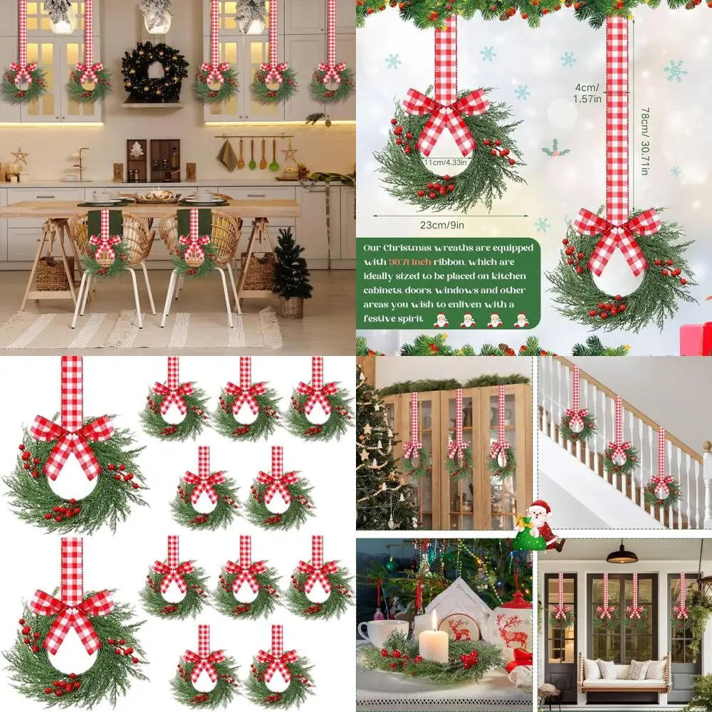 

Set of 12 9-Inch Christmas Wreaths with Red White Buffalo Plaid Bows for Kitchen Cabinets, Doors, and Windows