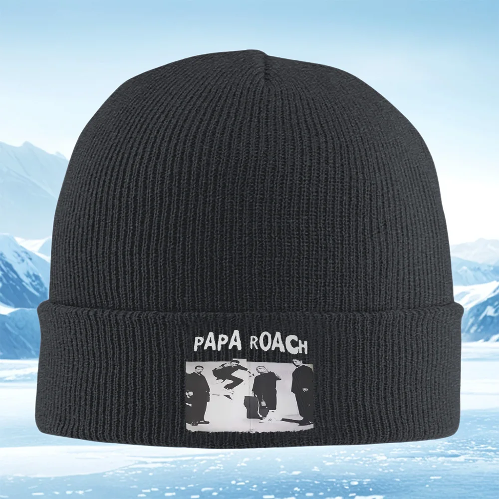 Membros de la banda Papa Roach blanco y negro Hombres Mujeres Gorro de punto unisex Gorro Jersey Gorro Invierno Térmico Cálido Navidad Al aire libre C