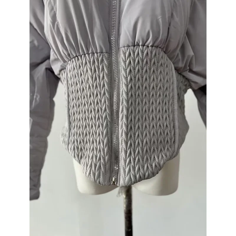 Cotton Jacket Women Diamond Grid Short Fashionable Standing Collar Withwaistband Bread Jacket Sweet and Minimalist College Style