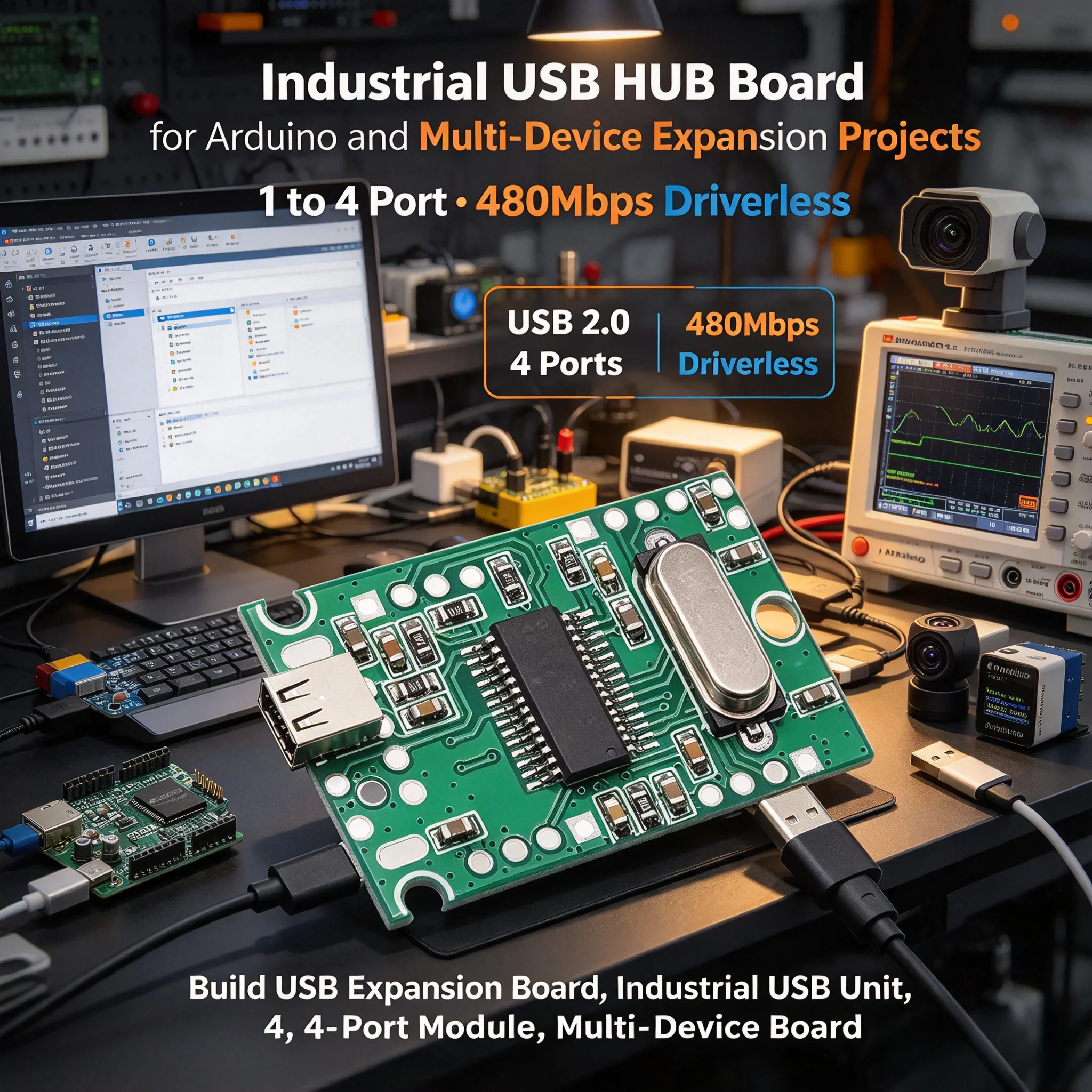 100Pcs Industrial USB 2.0 HUB Module 1 to 4 Port Expansion Board 480Mbps Driverless for Arduino