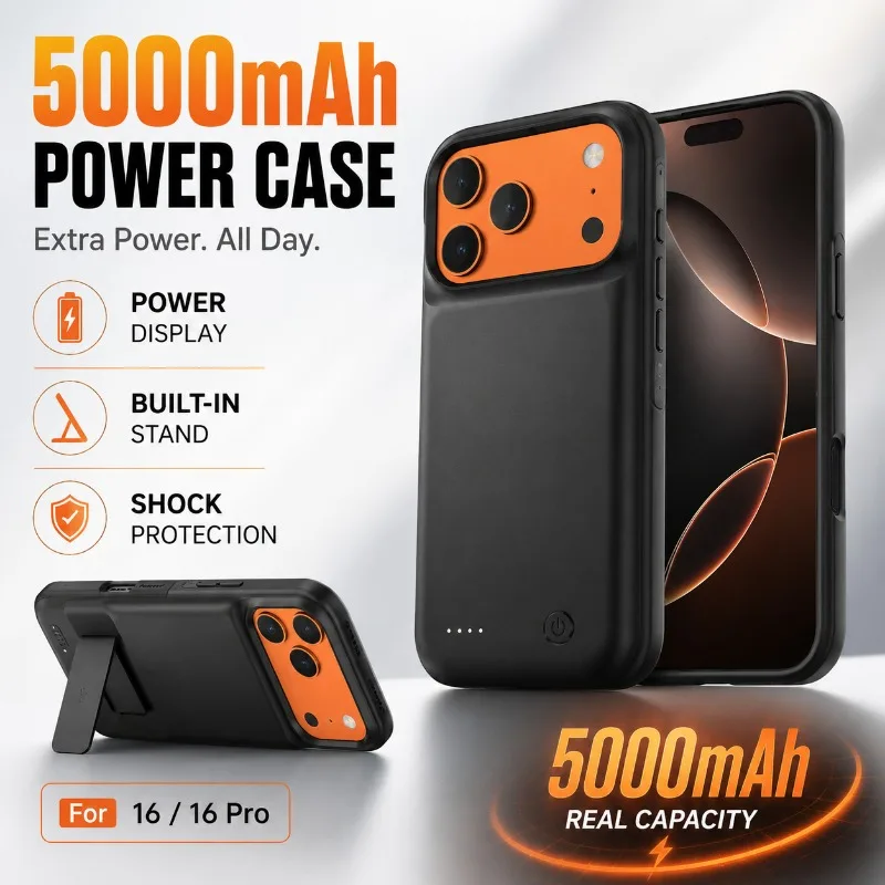 Compatible with 16 Pro 16 5000mAh Battery Case Anti Drop Power Display Kickstand Slim Protective Backup Charging Power Bank Case
