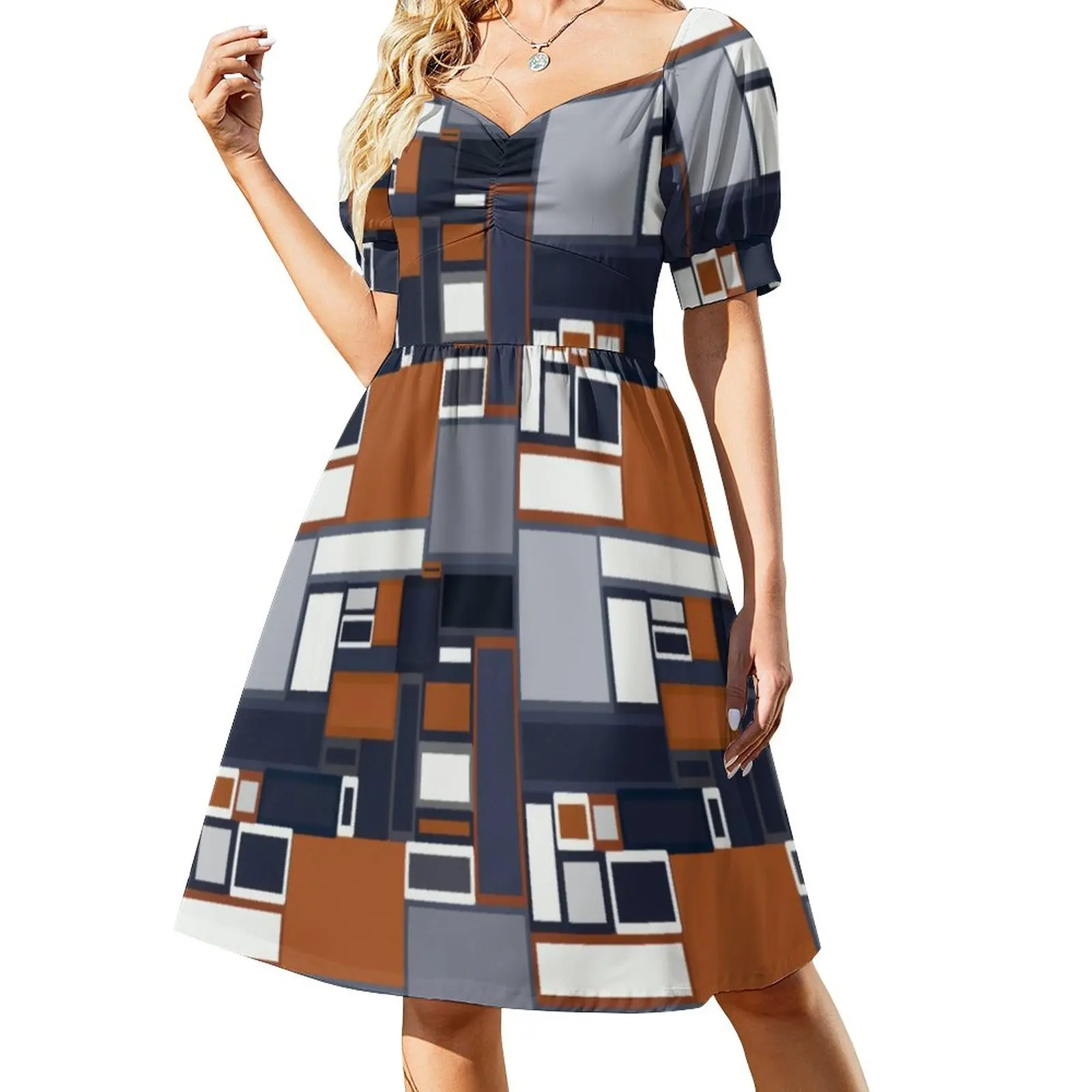 

Mid Century Modern Casual Dress Geometry Print Aesthetic Dresses Sexy V Neck Elegant Pattern Dress Big Size