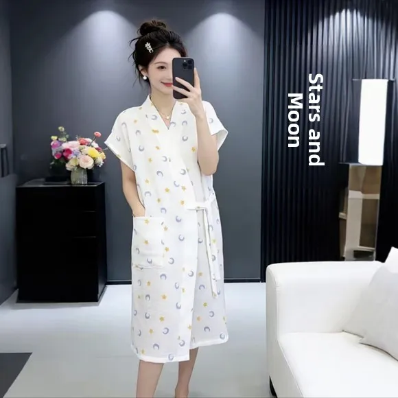 summer-thin-cotton-robe-women's-loose-fit-bathrobe-double-layer-sleepwear-breathable-home-wear-polyester-nylon-material
