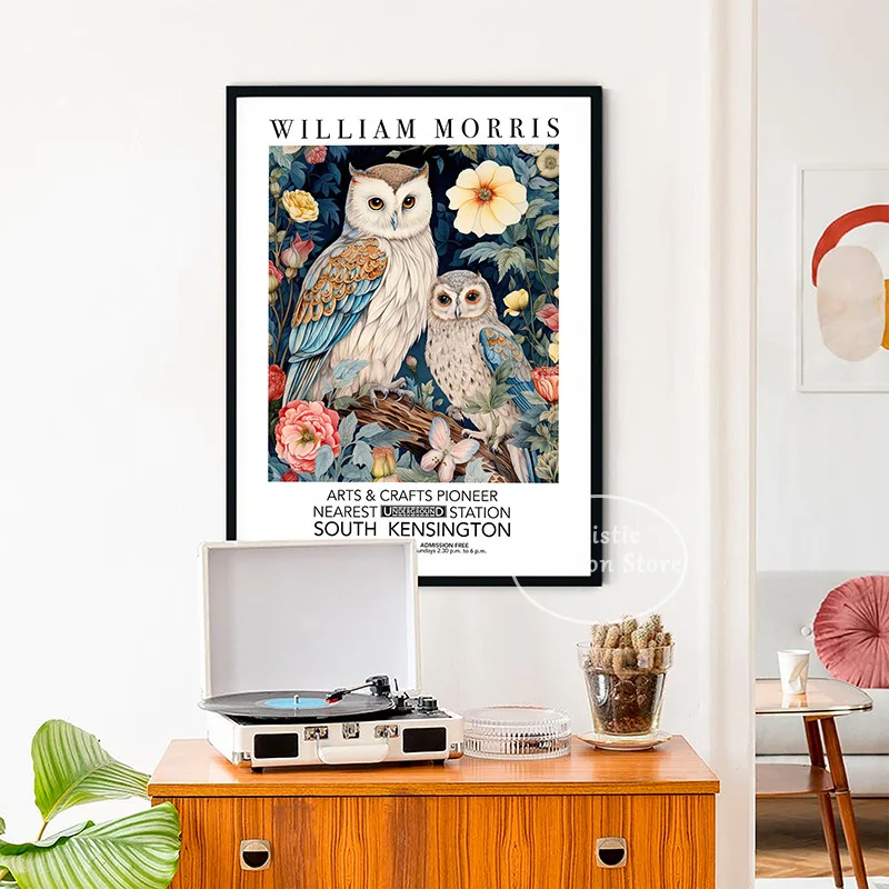 William Morris White Owl and Owlet Print Exhibition Poster Canvas Painting for Living Room Flowers Wall Art Home Decor Gifts