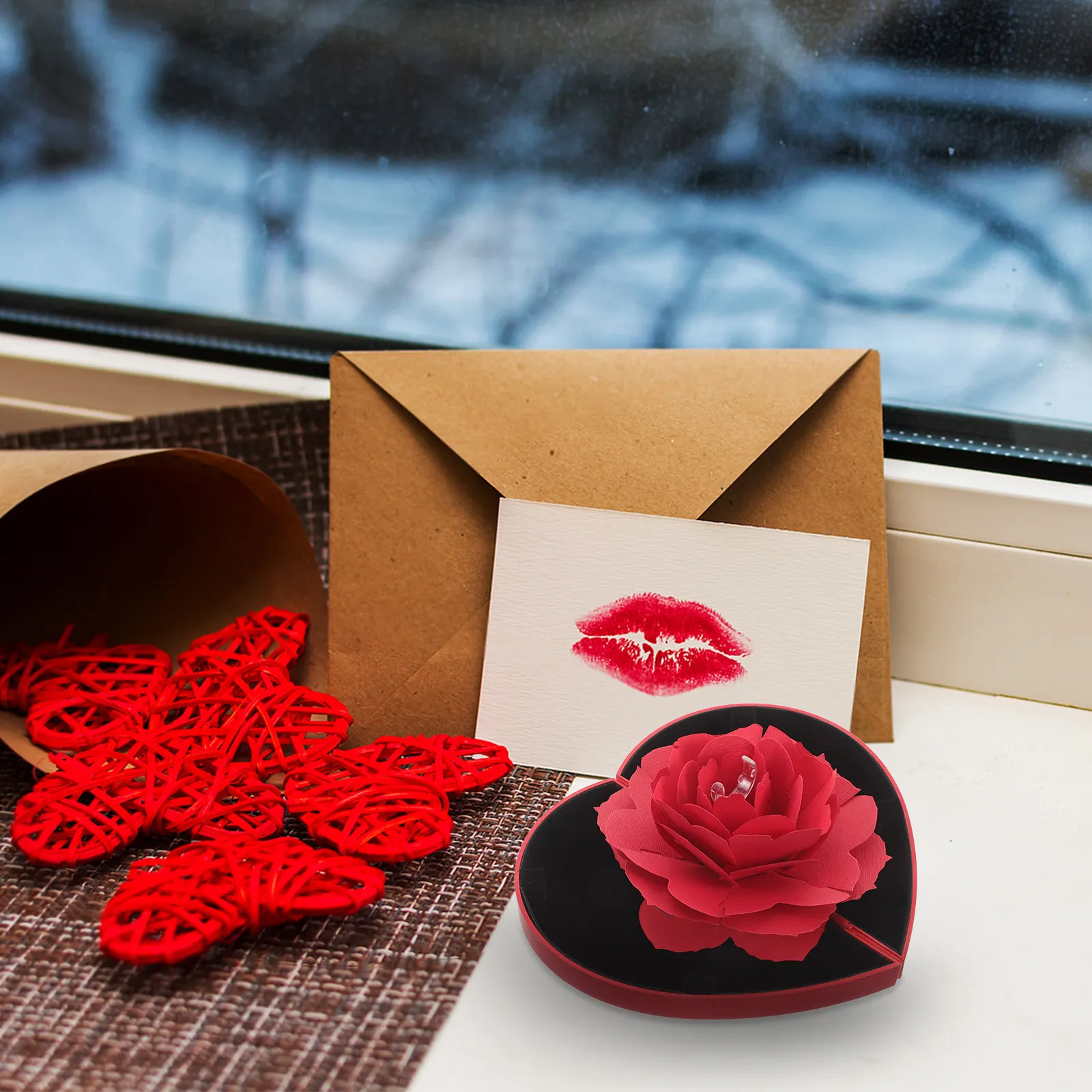 

Creative Heart Shaped Jewelry Box for Ring Necklace Earrings Storage Rotating Rose Flower Proposal Gift for Women Valentine's