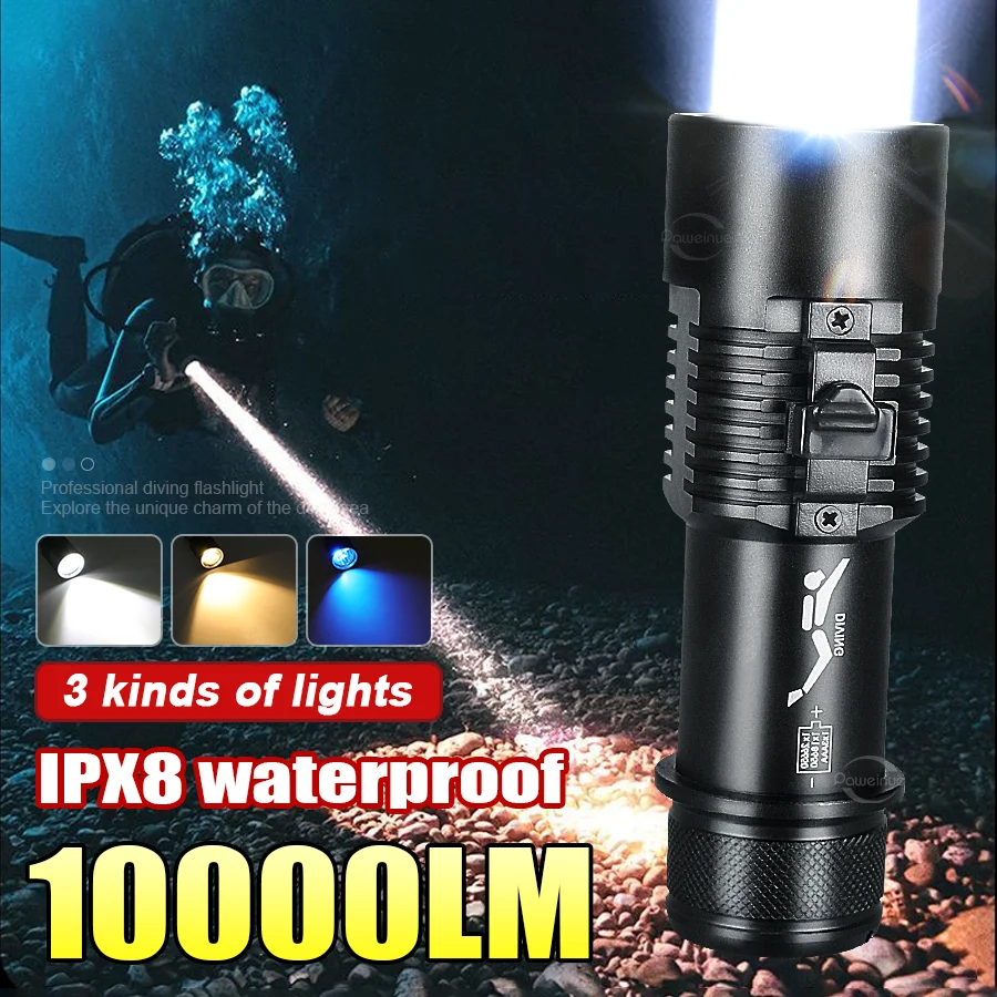 

Upgrade 3 Lights Sources Diving Flashlight P100 Ultra Bright Spolight Professional Underwater Lighting Diving Torch Camping Lamp
